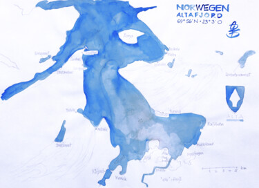 Freihandskizze Karte Altafjord, Norwegen. Disegno intitolato "Freihandskizze Kart…" da Götz Wiedenroth, Opera d'arte originale, Acquarello