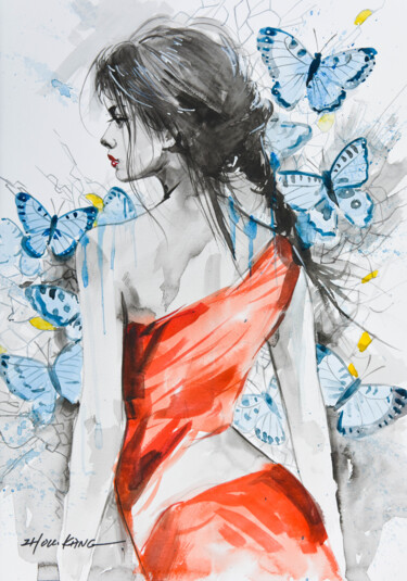 Painting titled "Portrait of a Lady" by Kang Zhou, Original Artwork, Watercolor