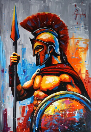 Schilderij getiteld "Spartan Leonidas" door Stach, Origineel Kunstwerk, Acryl Gemonteerd op Frame voor houten brancard