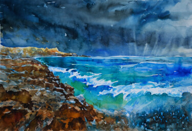 Natural landscape#a.12254 rain cloud over the sea Painting titled "Natural landscape#a…" by Oleksandr Desiat, Original Artwork, Watercolor