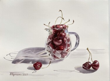 Still life with cherries, watercolor painting