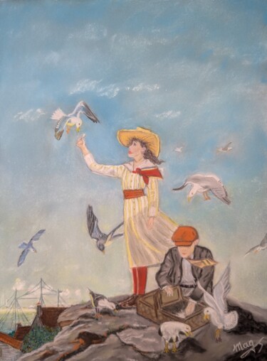 Disegno intitolato "Sortie a la plage" da Magali Steiner, Opera d'arte originale, Pastello