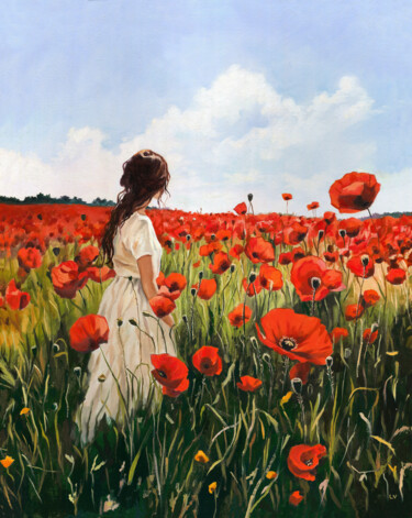Woman in a red poppy field Картина под названием "Woman in a red popp…" - Lucia Verdejo, Подлинное произведение искусства, Масло Установлен на Деревянн…