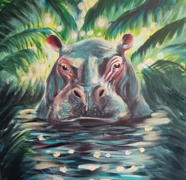 Schilderij getiteld "Hippo" door Eva Andre, Origineel Kunstwerk, Acryl Gemonteerd op Frame voor houten brancard