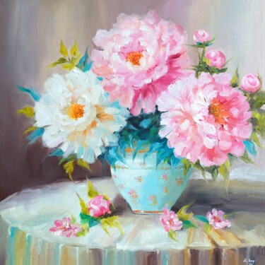 Pastel Peonies Painting titled "Pastel Peonies" by Aneta May, Original Artwork, Oil Mounted on Wood Stretcher frame
