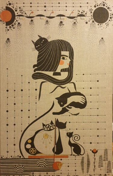 绘画 标题为“Queen of Whiskered…” 由Petra Nikita Pavlovičová, 原创艺术品, 墨 安装在木质担架架上