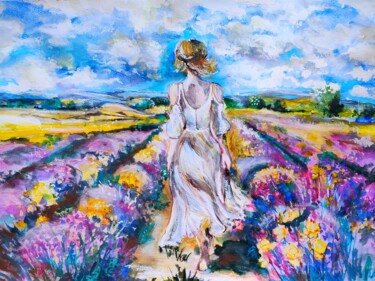 Woman in the Lavender field Pittura intitolato "Woman in the Lavend…" da Diana Editoiu, Opera d'arte originale, Acquarello