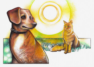 Pittura intitolato "Cane e gatto" da O. Soniart, Opera d'arte originale, Matite colorate