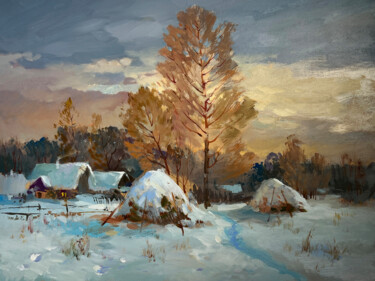 Snow and Sunset Lights Pittura intitolato "Snow and Sunset Lig…" da Yuriy Suprunchuk, Opera d'arte originale, Olio Montato su Cartone