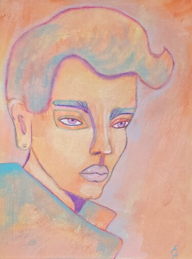 Retro Male Portrait in Peach, Lavender, Turquoise, 80s style Pintura titulada "Retro Male Portrait…" por Elaina Arty, Obra de arte original, Acrílico Montado en Cartulina