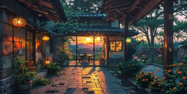 数字艺术 标题为“Japanese Garden Sun…” 由江华 梁, 原创艺术品, AI生成的图像 安装在木板上