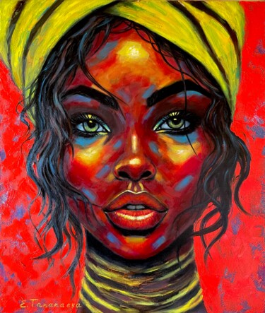 绘画 标题为“African woman portr…” 由Elena Tananaeva, 原创艺术品, 油 安装在木质担架架上