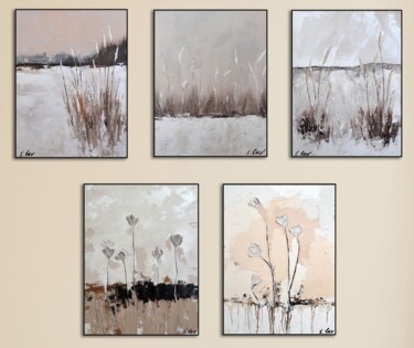 Five Notes of Stillness. Textured Landscape Pentaptych Ζωγραφική με τίτλο "Five Notes of Still…" από Irina Lav, Αυθεντικά έργα τέχνης, Ακρυλικό Τοποθετήθηκε στο Ξύλινο φορείο σκελ…