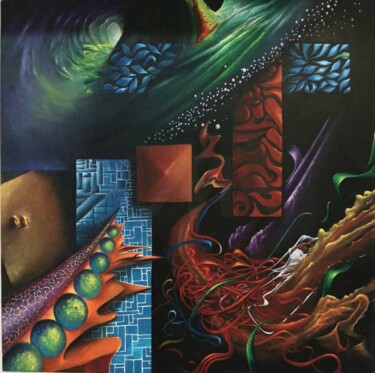 Painting titled "organized chaos" by Riad Boursas, Original Artwork, Oil Mounted on Wood Stretcher frame
