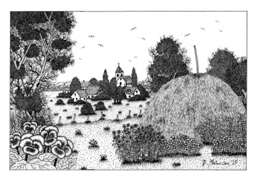 Drawing titled "View on the Hamlet" by Boris Matoničkin, Original Artwork, Ink