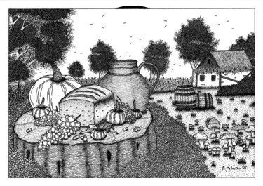 Σχέδιο με τίτλο "Vineyard Scene II" από Boris Matoničkin, Αυθεντικά έργα τέχνης, Μελάνι