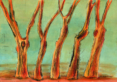 Expressive winter trees in warm colours Painting titled "Expressive winter t…" by Vera Almeida, Original Artwork, Acrylic