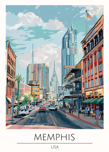 Digital Arts titled "Memphis Cityscape:…" by Chun Yu Guan, Original Artwork, AI generated image Mounted on Cardboard