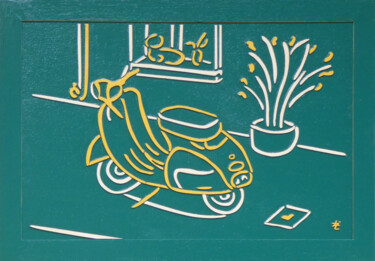 Schilderij getiteld "Vespa Avignon" door Laurent Lopez Le Nébleu, Origineel Kunstwerk, Acryl Gemonteerd op Houten paneel