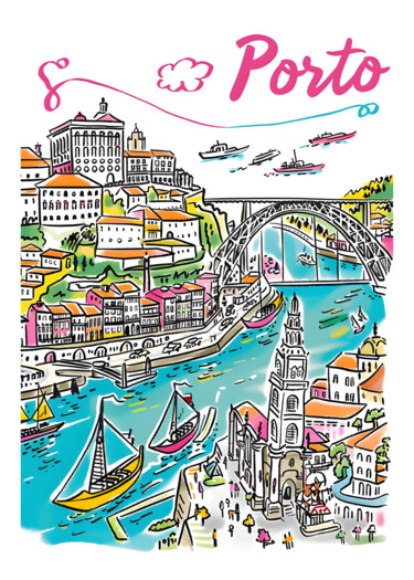 Digitale Kunst getiteld "Porto: Vibrant City…" door Chun Yu Guan, Origineel Kunstwerk, AI gegenereerde afbeelding Gemonteerd…