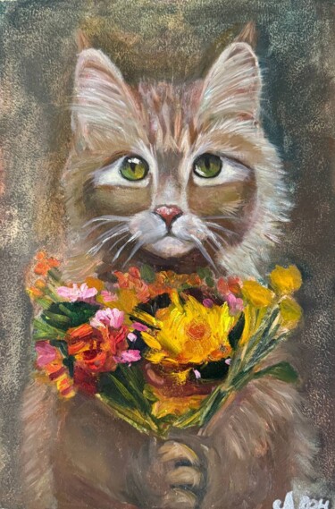 "Cat with a Bouquet" başlıklı Tablo Светлана Леонтьева tarafından, Orijinal sanat, Petrol