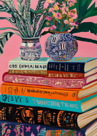 Digitale Kunst mit dem Titel "Colorful Books and…" von Chun Yu Guan, Original-Kunstwerk, KI-generiertes Bild Auf Karton mont…