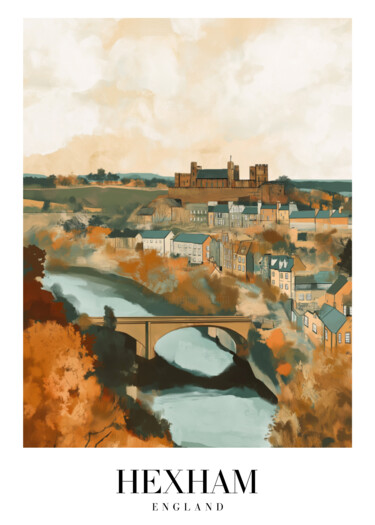 Digital Arts titled "Autumnal Hexham: A…" by Chun Yu Guan, Original Artwork, AI generated image Mounted on Cardboard