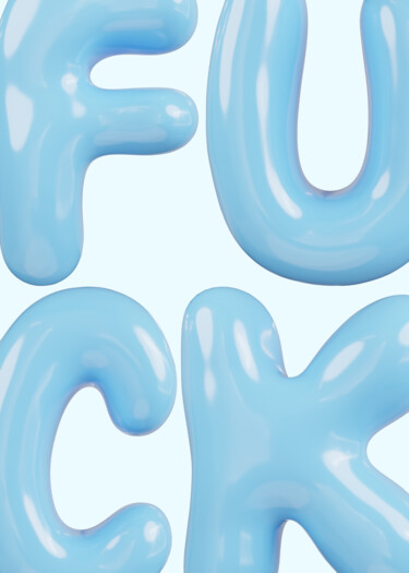Digitale Kunst getiteld "Glossy Blue Letters…" door Chun Yu Guan, Origineel Kunstwerk, AI gegenereerde afbeelding Gemonteerd…