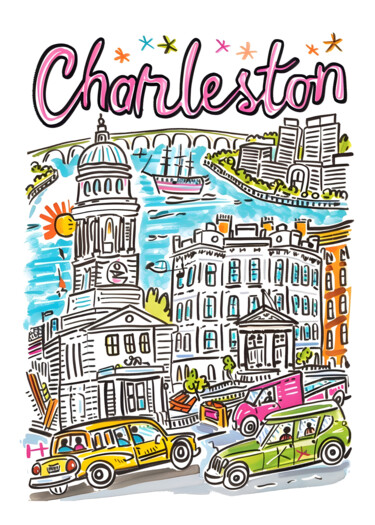 Digitale Kunst getiteld "Charleston Cityscap…" door Chun Yu Guan, Origineel Kunstwerk, AI gegenereerde afbeelding Gemonteerd…