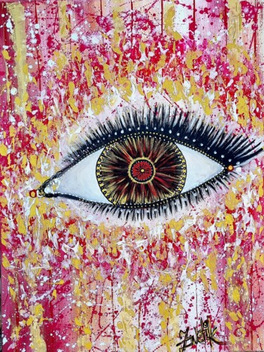 Red&Gold Surreal Eye-splatters in pink, rose red, white&gold Schilderij getiteld "Red&Gold Surreal Ey…" door Elena Swetkov (Lena Zwetik), Origineel Kunstwerk, Acryl Gemonteerd op Frame…
