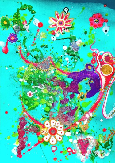 Colorful Floral Explosion with metallic accents on turquoise 绘画 标题为“Colorful Floral Exp…” 由Elena Swetkov (Lena Zwetik), 原创艺术品, 丙烯
