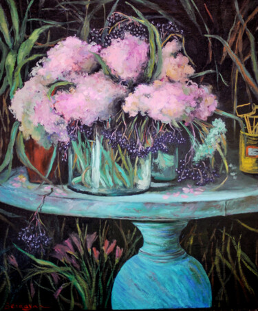 Cueillette d'été sur table bleue Pittura intitolato "Cueillette d'été su…" da Sabrina Bendayan, Opera d'arte originale, Olio Montato su Telaio per barella in…