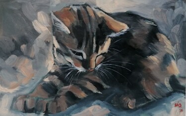 Schilderij getiteld "Полосатый котенок" door Ulia Nikitina, Origineel Kunstwerk, Olie