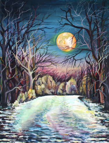 Painting titled "Silent Winter Night…" by Sonia Chivarar, Original Artwork, Acrylic Mounted on Wood Stretcher frame