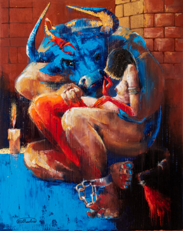 Painting titled "Minotaur's last lov…" by Anna Ravliuc, Original Artwork, Oil Mounted on Wood Stretcher frame