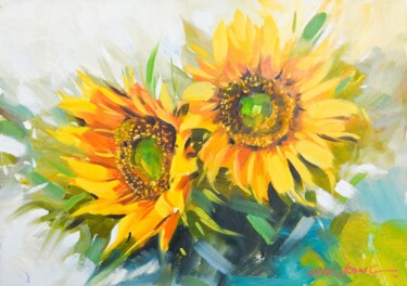 Картина под названием "sunflowers" - Kang Zhou, Подлинное произведение искусства, Масло