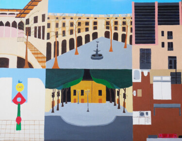 Schilderij getiteld "Barcelone : 6 vues" door Odile Raoul, Origineel Kunstwerk, Olie Gemonteerd op Frame voor houten brancard