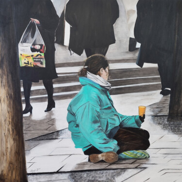 "À la rue - Indifférence" Schilderij getiteld ""À la rue - Indiffé…" door Lépot P., Origineel Kunstwerk, Acryl Gemonteerd op Frame voor houten brancard