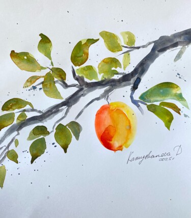 An apricot on a branch Painting titled "An apricot on a bra…" by Daria Kamishanova, Original Artwork, Watercolor