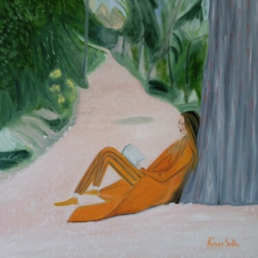 Painting titled "Leyendo un libro" by Roser Solà, Original Artwork, Oil Mounted on Wood Stretcher frame