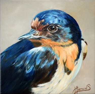 Painting titled "L'hirondelle" by Sylvie Hiernard, Original Artwork, Oil Mounted on Wood Stretcher frame