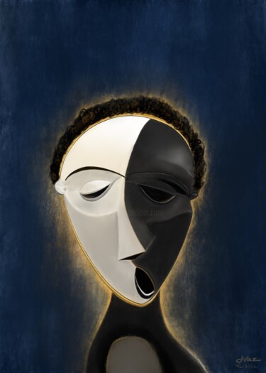 Digitale Kunst getiteld "Masque Africain n°4" door Joaquim Vaz, Origineel Kunstwerk, Digitaal Schilderwerk Gemonteerd op Fra…