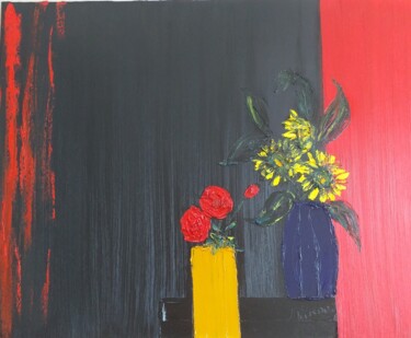Ζωγραφική με τίτλο "Tournesols et roses…" από Jose Serrano, Αυθεντικά έργα τέχνης, Λάδι Τοποθετήθηκε στο Ξύλινο φορείο σκελε…