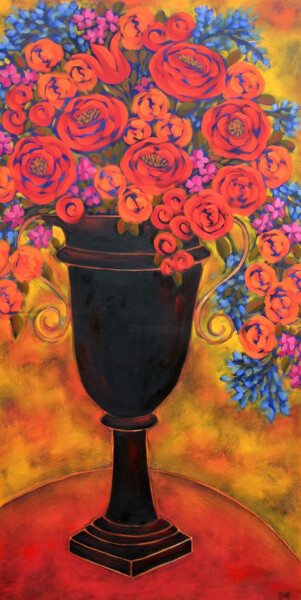 Pittura intitolato "Tulips & Rosa Miles…" da Karen Rieger, Opera d'arte originale, Olio Montato su Telaio per barella in leg…