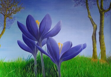 Crocuses 2 Painting titled "Crocuses 2" by Lana Vereshchagina, Original Artwork, Acrylic Mounted on Wood Stretcher frame