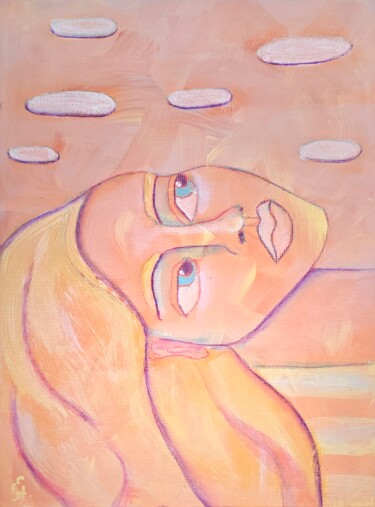 Blonde blue-eyed Woman and soft cloudy pink sky in pastels Картина под названием "Blonde blue-eyed Wo…" - Elaina Arty, Подлинное произведение искусства, Акрил Установлен на картон