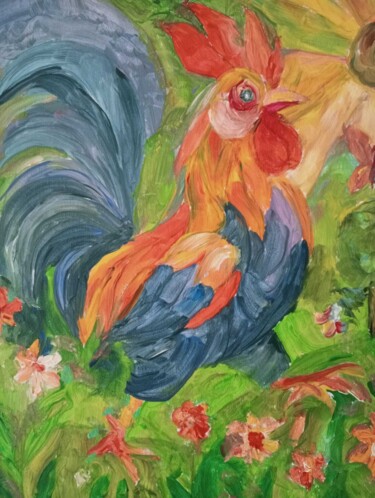 Painting titled "Le Coq en Fête" by Audran, Original Artwork, Acrylic