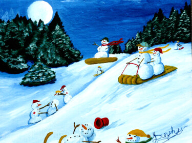 Картина под названием "Moonlit Snowmen's S…" - Anthony Dunphy, Подлинное произведение искусства, Акрил Установлен на Деревян…
