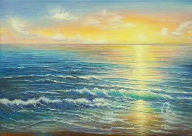 Pintura intitulada "Ocean turquoise wav…" por Ludmilla Ukrow, Obras de arte originais, Óleo Montado em Armação em madeira
