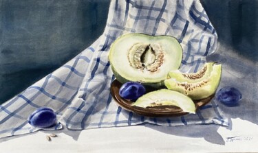 Still life with watermelon and plums